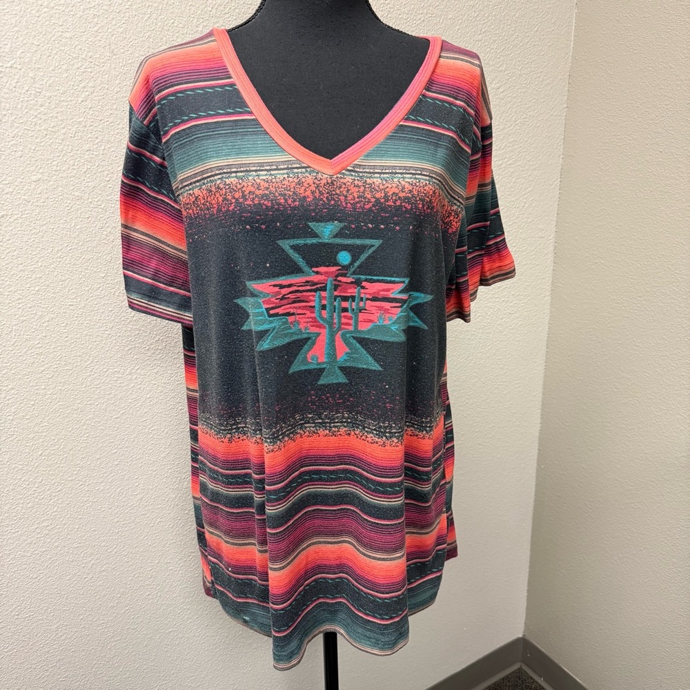 Crazy Train Black Orange Aztec Cactus Graphic V Neck Tee Large - Picture 2 of 8